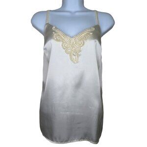 Vintage Yona Beige Satin Camisole Tank Top Embroidered Lace Trim Womens Small